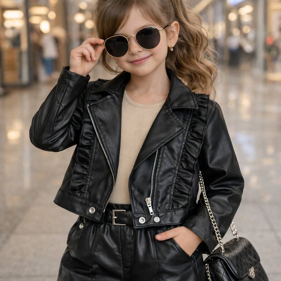 Girls' Faux Leather Jacket With Front Ruffle, Double-Sided Zipper, And Modern Collar – Black And Brown, Sizes 2 To 10 Years - 黑色 - 查看 1
