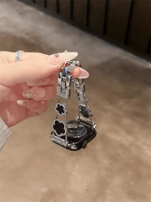 1 条表带，四叶草钻石银色和铜色表带，夏季花卉金属手链，兼容 38/40/41/42/44/45/46/49 毫米，兼容 Series Ultra3/2/1/SE/11/10/9/8/7/6/5 4/3/2/1 - 黑銀 - 查看 12