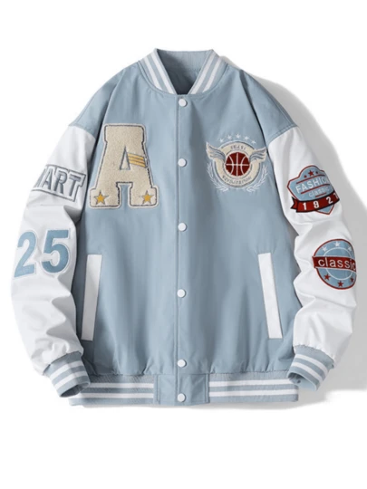 Chaqueta de béisbol universitaria de manga larga con estampado de letras y parches, estilo grunge y calle para hombre, ideal para otoño e invierno