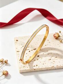 5/1pc - Luxury Titanium Steel Bracelet: Inlaid Zirconia Four-Leaf Clover And Roman Numeral Design. High-Quality Aesthetics, Suitable For Stacking, Versatile For Daily Commute. Non-Fading - An Ideal Gift For Girlfriend Or Best Friend. - Gold - View 10