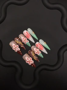 Móng tay giả thủ công dài, nhọn, chạm khắc 3D theo phong cách đồng quê mùa xuân hè, hoa tươi và ba chiều với hạt vàng nhỏ, móng dán dùng hàng ngày. - Nhiều màu - Xem 4