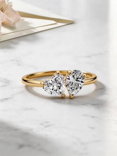 1pc Women's Toi Et Moi + Toi-Et-Moi Engagement Ring, Inlaid With Heart And Teardrop Decorations, Elegant And Exquisite, Suitable For Wedding Wear