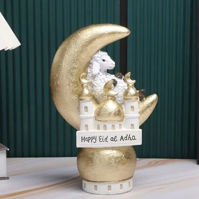 Dekorativ figur med guldmåne, minaret och lammdesign - lämplig för hem, kontor, ramadan-högtidsdekor, hållbar naturtro lammfigur med minaret, idealisk present till ramadanfestivaler och heminredning, bönerum och vardagsrum