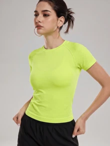 KYRLSSU Round Neck Raglan Sleeve Fitted Knit Sports T-Shirt - fluorescent green - View 1