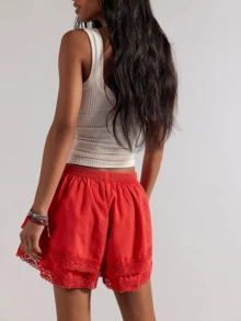 Womens Layered Ruffle Bloomers Elastic Waist Solid Color Shorts Summer Mini Shorts Polyester With Floral Lace Trim Frilly Lolita Shorts - Red - View 4