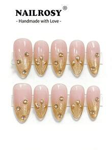 10pcs Handmade Gold Ombre Matte Nail Stickers - Elegant Reusable Pointed Fake Nail Decals With Diamond Decoration - Gold - View 1