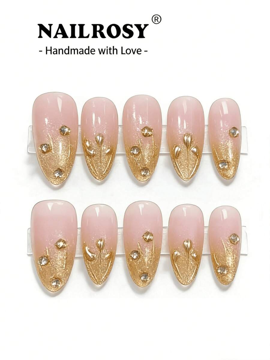 10pcs Handmade Gold Ombre Matte Nail Stickers - Elegant Reusable Pointed Fake Nail Decals With Diamond Decoration - Gold - View 1