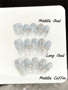 10片手工美甲贴纸，适合派对和日常佩戴，“蝴蝶梦”蓝色海洋冰蓝色3D蝴蝶猫眼设计，清新优雅，矩形/椭圆形/长椭圆形美甲贴纸，易于佩戴，10片Y2K风格手工美甲贴纸，适合女士节日派对音乐节日常佩戴，情人节母亲节礼物 - 淺藍色 - 查看 13