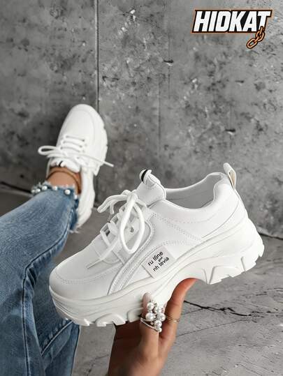 Hidkat 女士厚底运动鞋，2025新款轻便厚底鞋，适合春秋运动风格，白色女式系带鞋