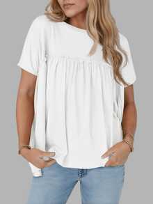 Women's Summer Pleated Babydoll Top Short Sleeve Crew Neck Peplum Blouse Loose Fit T Shirt - 白色 - 查看 6