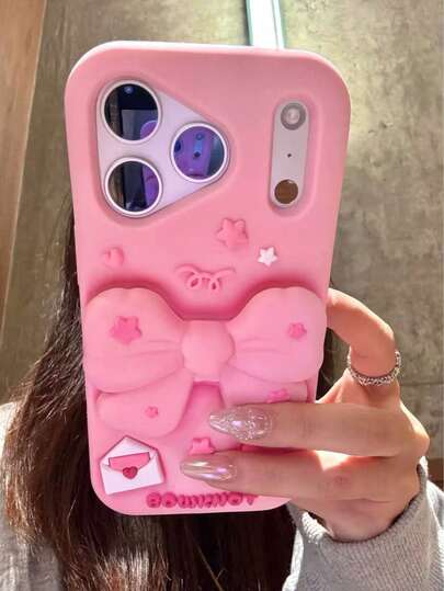 Ốp điện thoại hình nơ 3D màu hồng dễ thương dành cho bé gái, tương thích với iPhone 17 Pro Max, vỏ bảo vệ mềm bằng silicon tương thích với iPhone 17 Pro, 16 Pro, 15, 14.