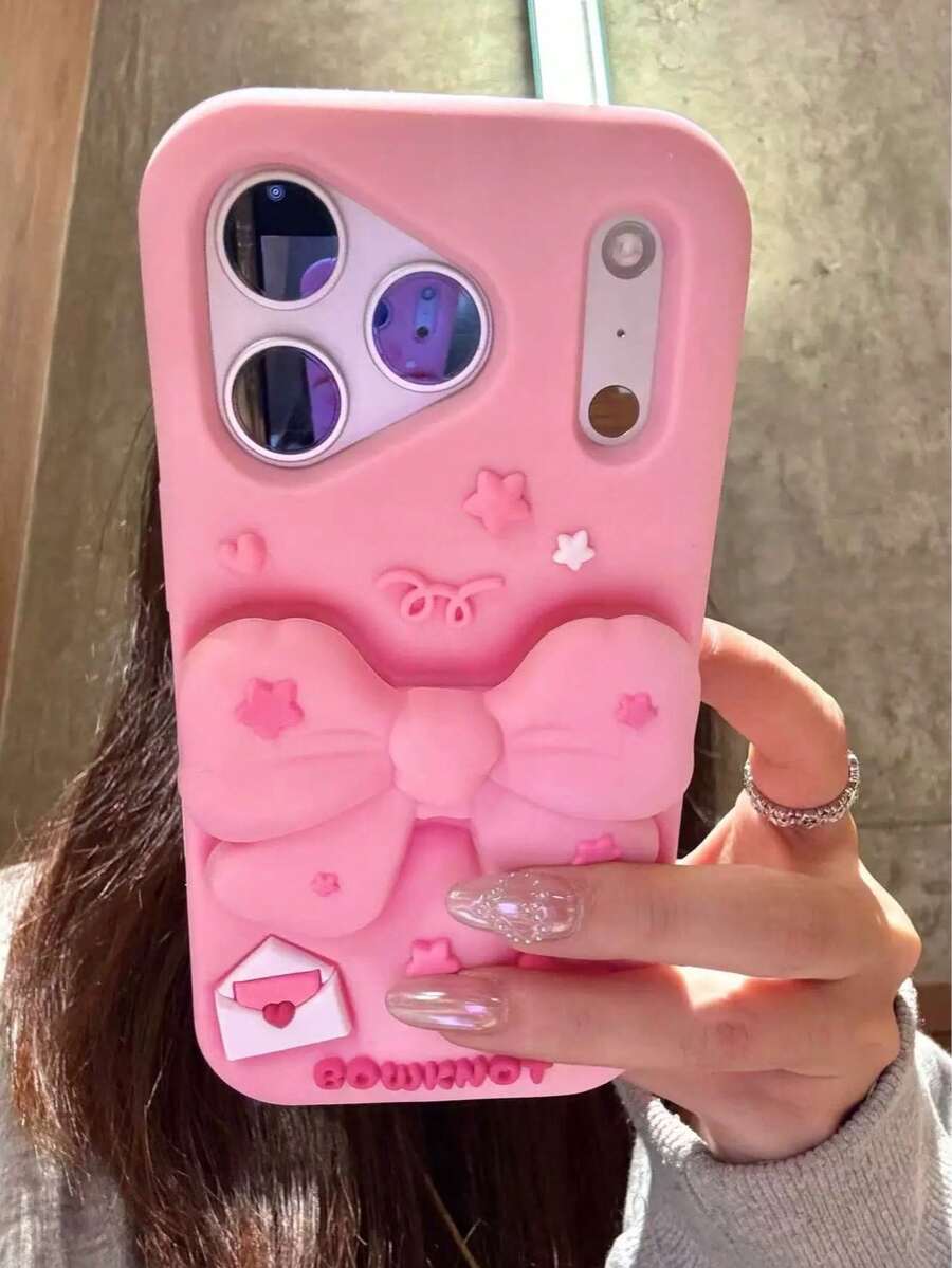 甜美女孩粉色3D蝴蝶结手机壳，适用于 17 Pro Max，硅胶软保护套，也适用于 17 Pro、16 Pro、15、14。 - 粉色 - 查看 1