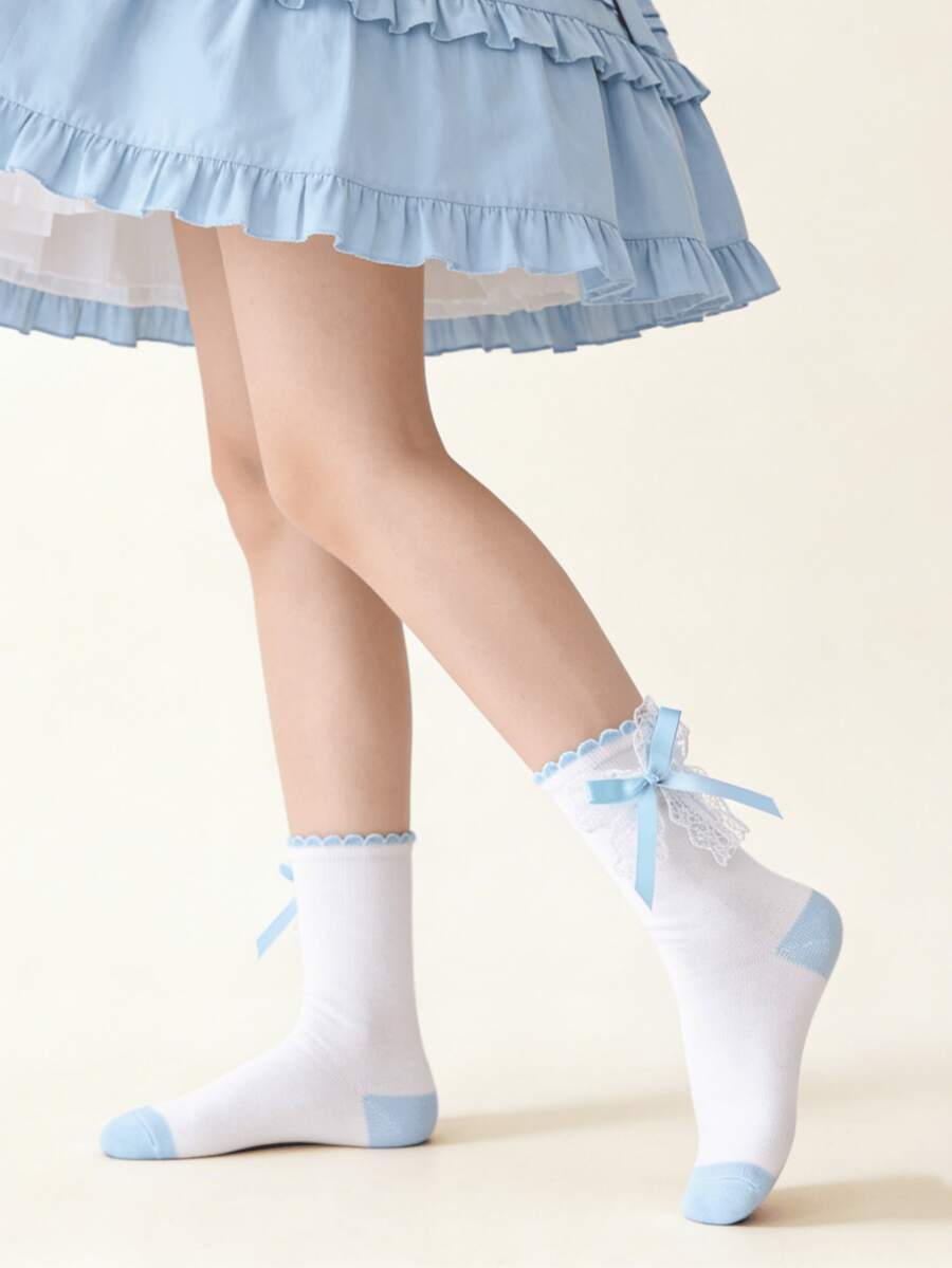 1/5 双 新款春夏可爱甜美粉蓝色蕾丝蝴蝶结中筒袜 - 彩色 - 查看 1