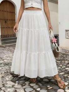 Women's Solid Color Minimalist Versatile Ruffle Hem A-Line Skirt, Elegant, Casual, Polyester, Suitable For Holiday, Office, Daily, Date, Travel, All Seasons White Spring - White - View 3