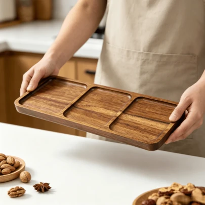 Innovative Rectangular Compartment Wooden Tray - Wooden Platter - Plate For Snacks And Desserts - Elegant Centerpiece For Party, Holiday, Wedding, Buffet - Serving Dish, Plate, Kitchen Tray, Candy Tray, Utensil Tray, Food Platter, Kitchen Accessory