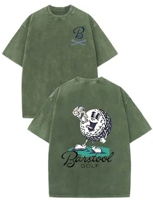 230g Vintage Washed Pure Cotton Men's T - Shirt, Featuring A Casual And Stylish Design With A "Barstool GOLF" Golf - Ball Print. Ideal For Outdoor Sports, This T - Shirt Offers A Loose Fit And Is Made From Soft Knitted Fabric - 軍綠色 - 查看 3