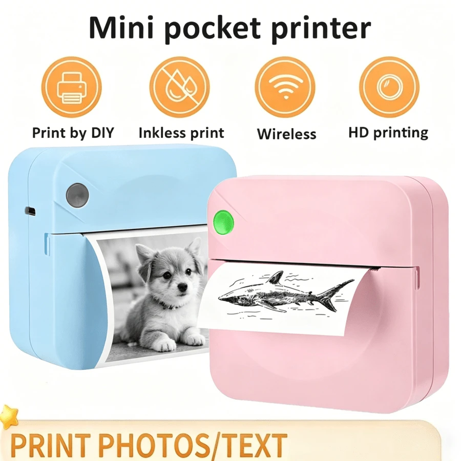 Impresora térmica mini con 1 rollo de papel térmico, impresora de bolsillo inalámbrica, impresora de recibos portátil inteligente, imprime etiquetas en cualquier momento, regalo pensado para amigos y familiares, adecuado para fotos, diarios, notas de estudio y memorandos