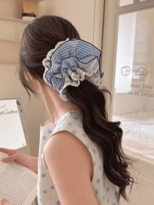 1pc Blue & White Plaid Double-Layer Lace Scrunchie, French Romantic Low Ponytail Hair Tie, Fashionable Hair Accessory For Spring/Summer - Multicolor - View 3