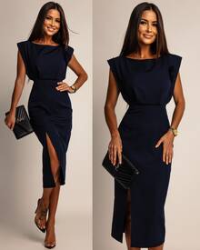 Women's Elegant Navy Bodycon Midi Dress With Boat Neck And Slit Hem, Perfect For Party Or Formal Occasions, Batwing Sleeve Fitted Design - Navy Blue - View 2