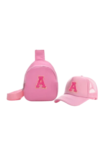 2件套 A-Z 字母可爱粉色刺绣帽子和包包套装，少女网眼棒球帽+斜挎包，街头风儿童轻便防晒帽休闲包女孩户外旅行日常穿着 - 粉色 - 查看 7
