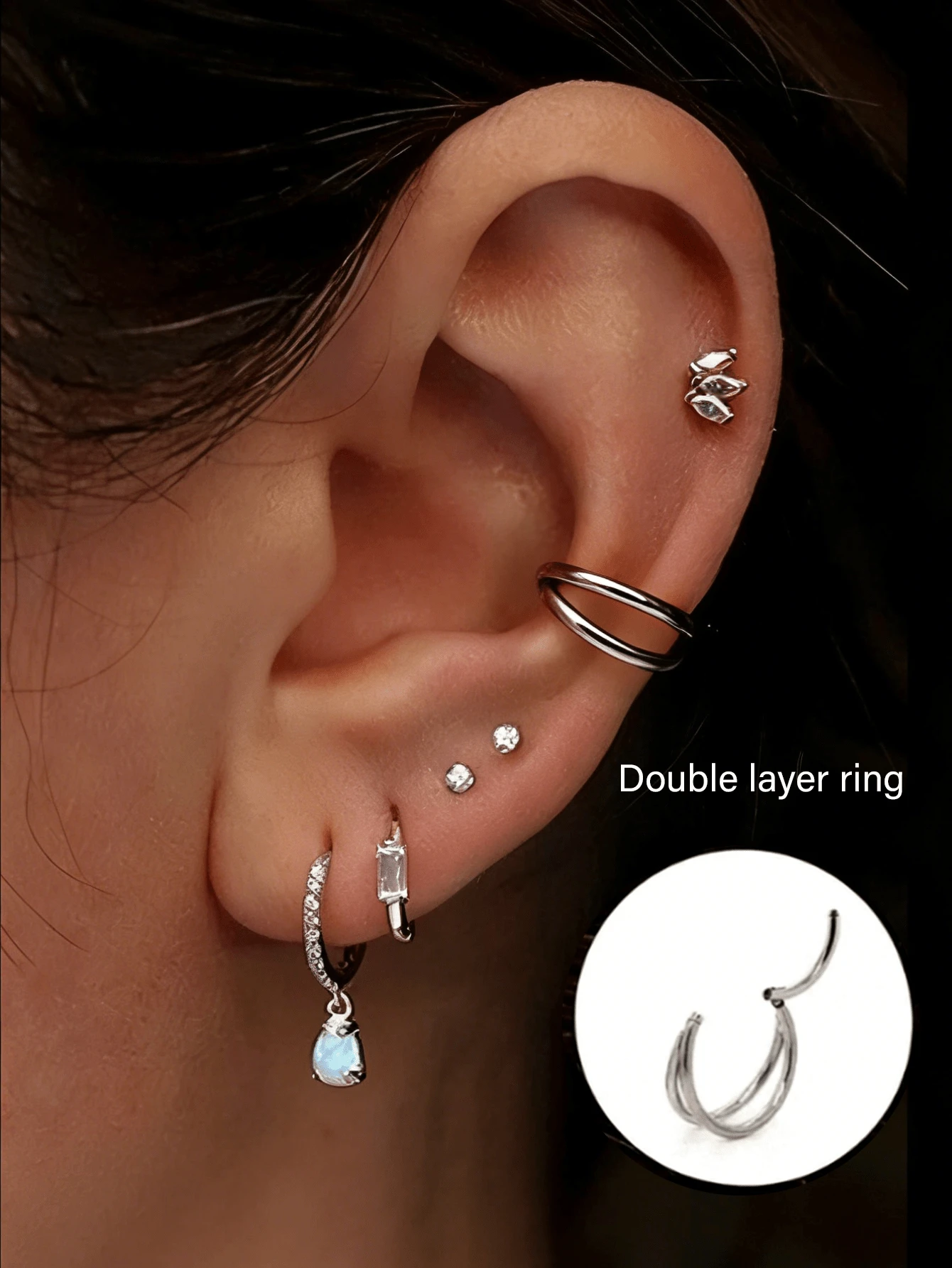 1. Khuyên mũi kín bằng thép không gỉ liền mạch. Phụ kiện xỏ lỗ tai. Khuyên tai hai vòng một bên tai phù hợp cho cả nam và nữ, dùng làm khuyên mũi/khuyên môi, và có thể trang trí sụn tai, dái tai, nắp tai, mũi, lỗ mũi, môi và các bộ phận khác. Khuyên mũi nữ. Khuyên vách ngăn mũi. - Bạc - Xem 1