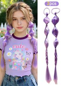 2 pièces Perruques tressées à bulles colorées pour filles, chouchous à cheveux élastiques, convenant pour chignons, couettes, couleur dégradée arc-en-ciel, palette Y2K dopamine, idéal pour les fêtes, les rendez-vous, les séances photo, les représentations sur scène - Multicolore - Voir 9