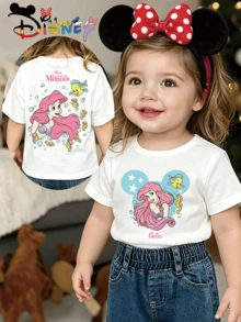 DisneyLittle MermaidAriel Baby T-Shirt, Summer Casual Girl Top, Y2K Style Cute Cartoon Print, Comfortable And Soft Fabric, New Summer Arrival, Perfect For Everyday Outings, Sports, And Travel, Ideal Gift. - 白色 - 查看 1