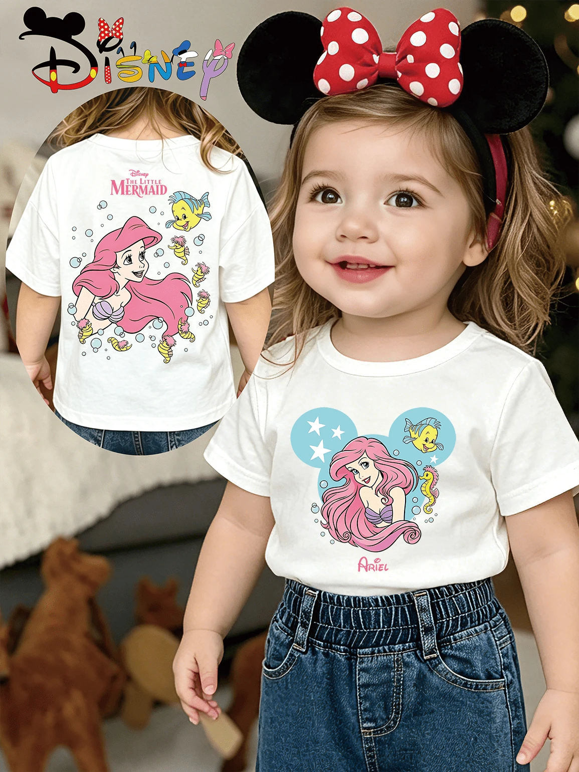 DisneyLittle MermaidAriel Baby T-Shirt, Summer Casual Girl Top, Y2K Style Cute Cartoon Print, Comfortable And Soft Fabric, New Summer Arrival, Perfect For Everyday Outings, Sports, And Travel, Ideal Gift. - 白色 - 查看 1