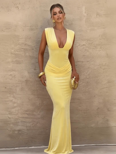 Sexy Deep V-Neck Slit Dress, Elegant Yellow Evening Cocktail Party Gown With 3D Floral Straps, Fitted Long Dress For Summer