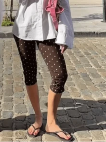 Women Y2k Polka Dot Printed Capris Cute Low Rise Stretchy Cropped Pants Side Bow Tie Skinny Capri Leggings Going Out - 紅棕色 - 查看 2