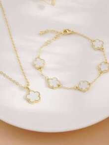 Bộ trang sức hình cỏ bốn lá may mắn thanh lịch - Mạ vàng 18K, khảm nhựa, vòng tay và dây chuyền mặt hoa bằng thép không gỉ 304L, món quà lý tưởng cho các cô gái và bạn bè, phụ kiện thời trang cho mọi dịp. - Bộ vòng tay và mặt dây chuyền hoa - Xem 3