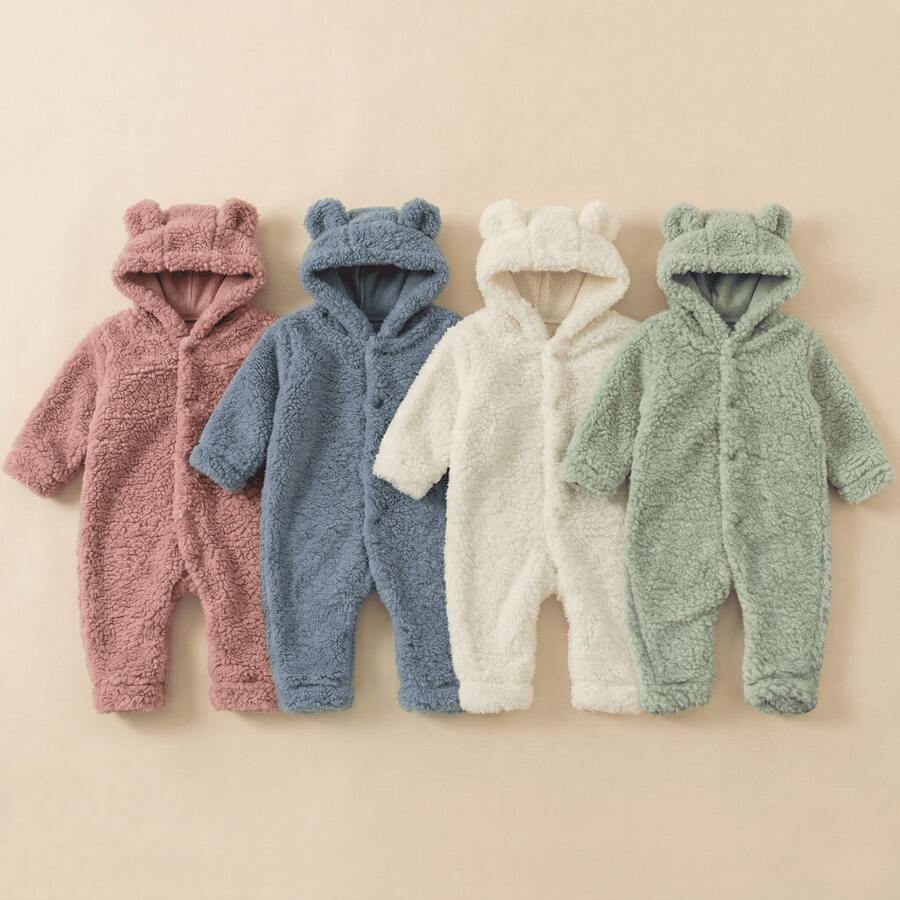 Fleece  With Ears, Winter, Cold Weather, Long Sleeves, Baby Boy, Baby Girl, Newborn To 12 Months, Hooded, Cute, Stylish, Comfortable, Warm - 淺粉色 - 查看 1