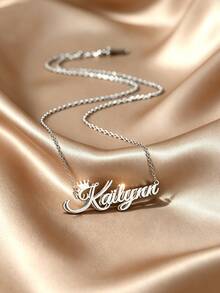 1pc 18K Gold Plated Stainless Steel Necklace, Fashionable Customizable Stainless Steel Double-Sided Letter Name Necklace, Crown Name Pendant, Multiple Font Options, Includes Luxury Gift Box - Frosted Silver - View 5