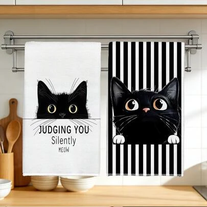 2条简约可爱黑猫图案厨房毛巾，柔软涤纶材质，适用于厨房装饰、清洁、节日派对装饰、厨房和浴室用品、家居装饰、乔迁礼物