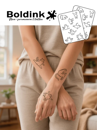  Boldink 2pcs Cute Cat Herbal Sweet Decorative Temporary Waterproof Tattoos, Lasting 1-2 Weeks, Botanical Juice Tattoos, Best For Daily Body Decoration, Ideal Gift For Girls, Must-Have For Trendsetters