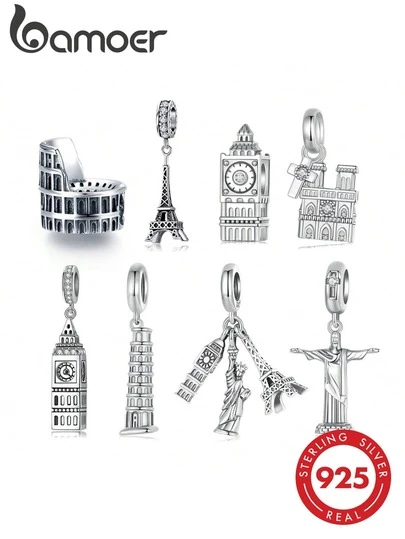  Bamoer 925 Plata de Ley Vintage Serie de Monumentos Emblemáticos Torre Eiffel/Big Ben Colgante de Viaje, Adecuado para Mujeres/Niñas, Se Puede Usar para Pulsera, Collar Joyería DIY