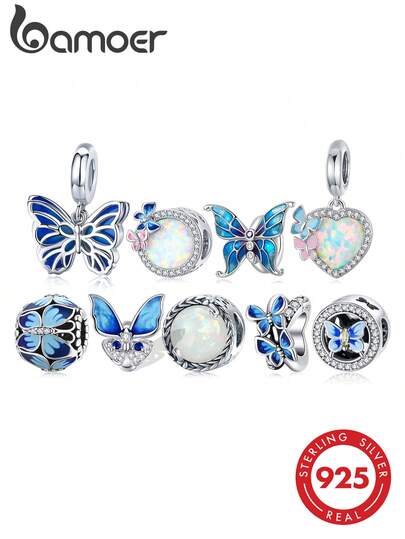 bamoer 1pc 925 Sterling Silver Blue Butterfly Pendant, Minimalist Vine Beaded, Suitable For Women/Girls Bracelet And Necklace, Opal DIY Elegant Jewelry