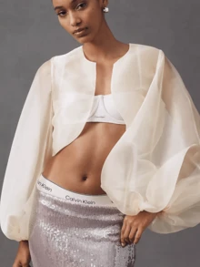 Women's Sheer Organza Puff Sleeve Bolero Shrug Lightweight Open Front Cropped Cover Up Top - Rượu sâm banh - Xem 2