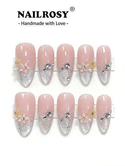 nailrosy 10片手工优雅裸粉色银色渐变3D立体花朵美甲贴纸 - 杏仁形尖头假指甲，饰有水钻和珍珠 - 新娘婚礼套装