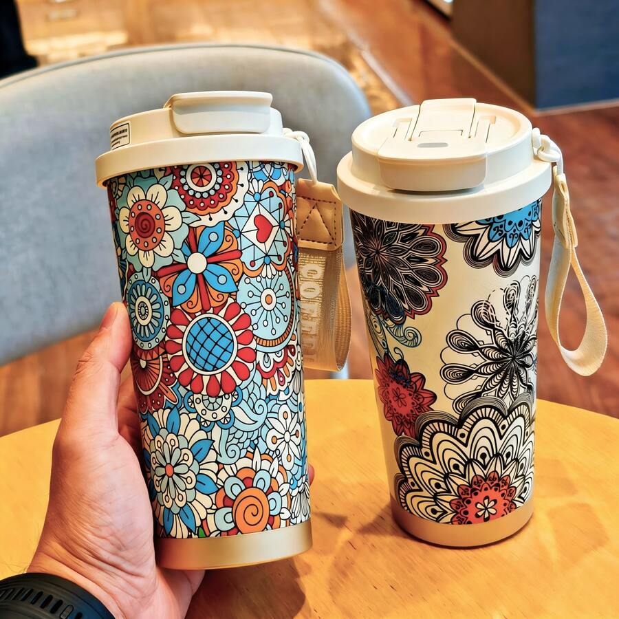 1pc 500ml Mandalas Print Stainless Steel Travel Mug, 316 , Leak-Proof Dual-Use Lid, Suitable For Hot & Cold Drinks