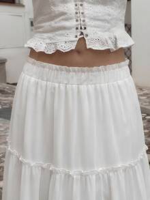 Women's Solid Color Minimalist Versatile Ruffle Hem A-Line Skirt, Elegant, Casual, Polyester, Suitable For Holiday, Office, Daily, Date, Travel, All Seasons White Spring - White - View 6