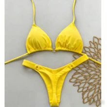 Bộ bikini gợi cảm buộc dây cổ màu trơn dành cho nữ, thích hợp cho kỳ nghỉ hè, đi biển. - Màu vàng - Xem 1