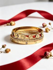 3pcs Vintage French Floral & Clover Bracelet Set, Delicate Zirconia Inlaid Titanium Steel Hypoallergenic Versatile - Gold - View 2