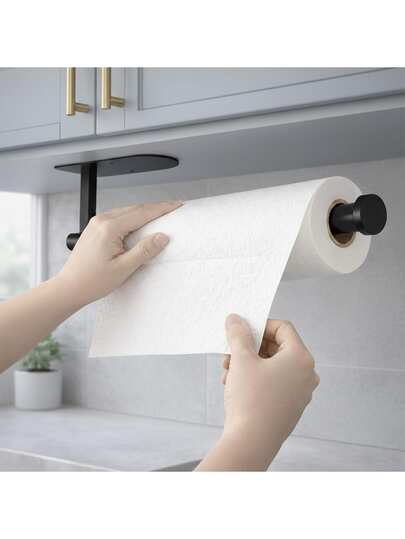 厨房纸巾架，可自粘或螺丝安装，黑色壁挂式SUS304不锈钢纸巾架，适用于橱柜下方、厨房台面、橱柜、浴室等。
