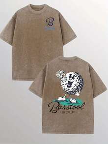 230g Vintage Washed Pure Cotton Men's T - Shirt, Featuring A Casual And Stylish Design With A "Barstool GOLF" Golf - Ball Print. Ideal For Outdoor Sports, This T - Shirt Offers A Loose Fit And Is Made From Soft Knitted Fabric - 摩卡棕 - 查看 3