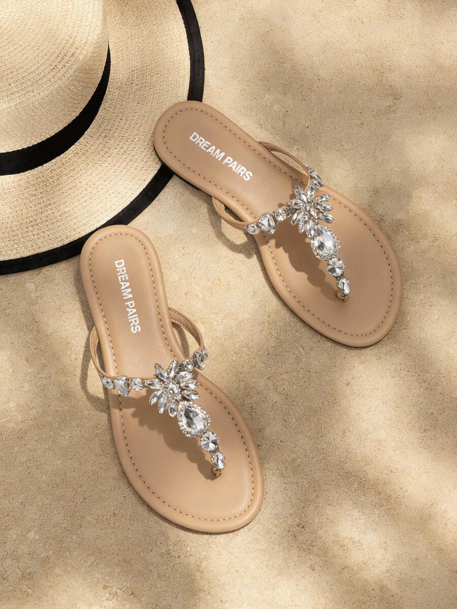 Women Flat Sandals Rhinestone T-Strap Flip Flops Thong Sandals Vacation Beach Casual Chic Party Slip On Sandals Shoes - 杏色 - 查看 1