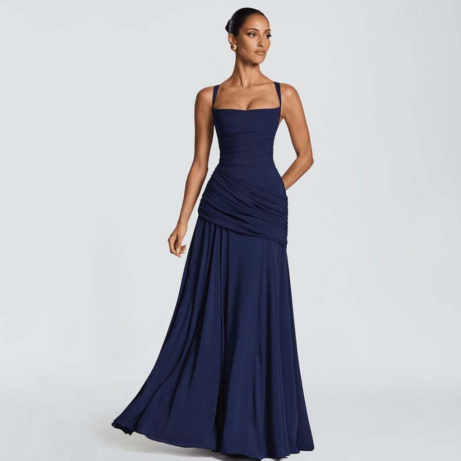 Temperament Solid Color Low-Cut Pleated Suspender Waist Backless Dress - Navy Blue - View 1