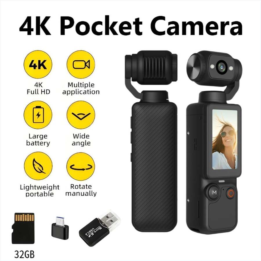 4K 1.9英寸高清视频录制相机 - 便携式、可充电、视频记录相机，4K手持稳定器口袋运动相机云台 | 4K手持稳定器 | 磁吸式 | 180°旋转角度，相机机身，USB充电，180°旋转，1.9英寸CMOS传感器，是视频拍摄和录制的理想之选，完美记录生活点滴和旅行 - 查看 1