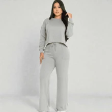 Women's Winter Set: Long Sleeves + Wide-Leg Pants With Lining/Pocket, Casual, Comfortable, Fashion 2026 - Heather Gray - Xem 5