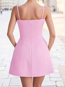 1pc Elegant Solid Color Backless Zipper Knit Fabric Dress, Suitable For Party, Wedding, Summer Pink - Pink - View 3